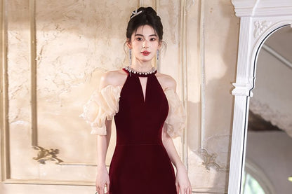 Puff-Sleeve Cold-Shoulder Two Tone Bead Sheath Evening Gown