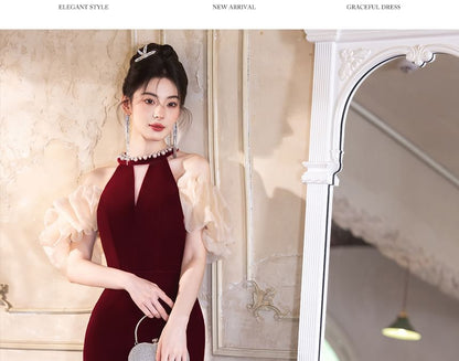 Puff-Sleeve Cold-Shoulder Two Tone Bead Sheath Evening Gown