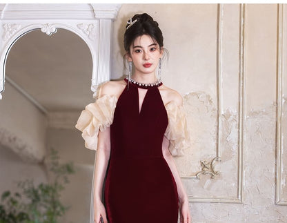 Puff-Sleeve Cold-Shoulder Two Tone Bead Sheath Evening Gown