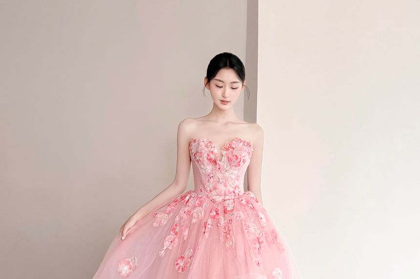 Strapless Floral Mesh Corset Ball Gown