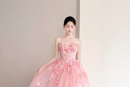 Strapless Floral Mesh Corset Ball Gown