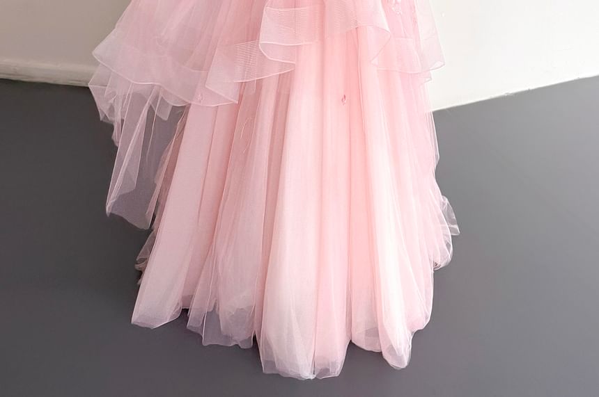 Strapless Floral Mesh Corset Ball Gown