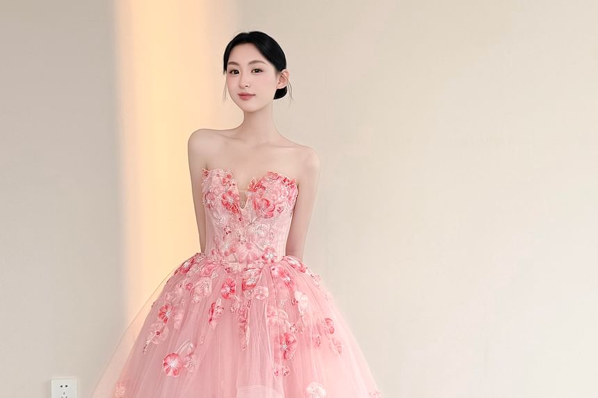 Strapless Floral Mesh Corset Ball Gown