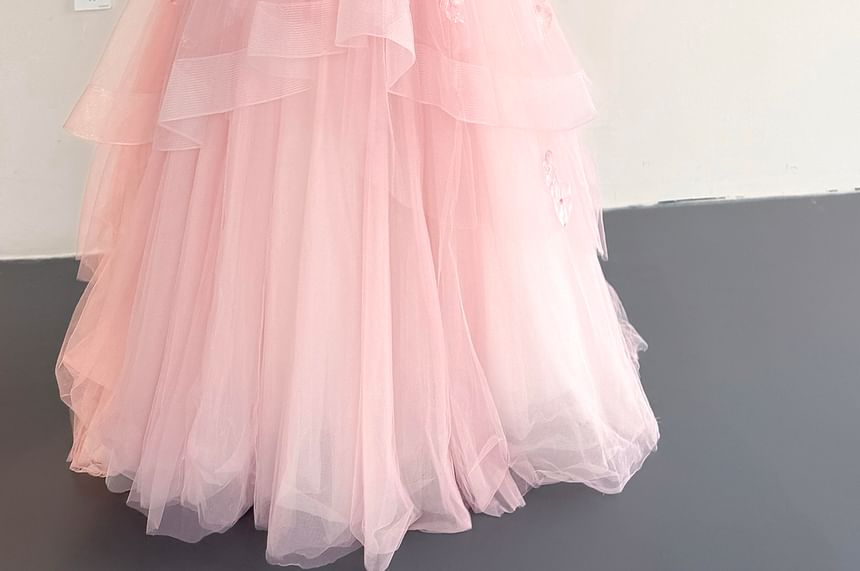 Strapless Floral Mesh Corset Ball Gown