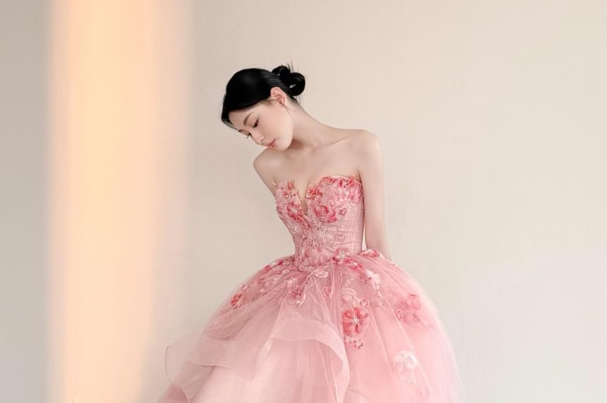 Strapless Floral Mesh Corset Ball Gown