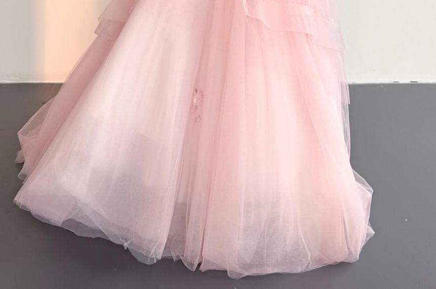 Strapless Floral Mesh Corset Ball Gown