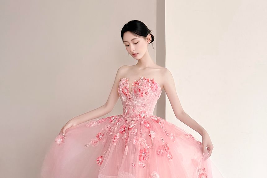 Strapless Floral Mesh Corset Ball Gown