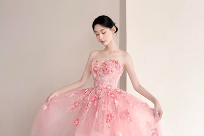 Strapless Floral Mesh Corset Ball Gown
