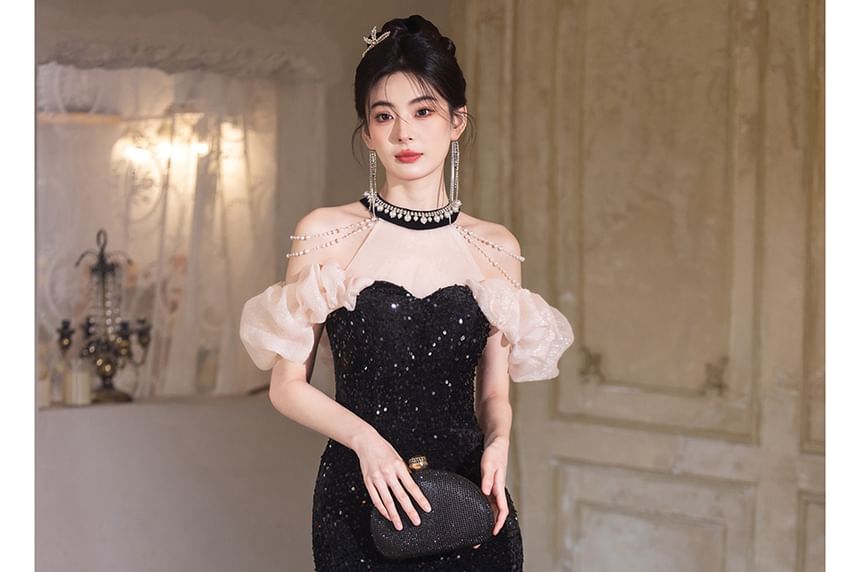 Puff-Sleeve Cold-Shoulder Sequin Bead Mesh Mermaid Evening Gown