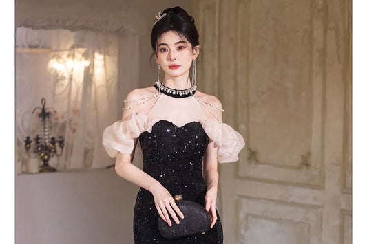 Puff-Sleeve Cold-Shoulder Sequin Bead Mesh Mermaid Evening Gown