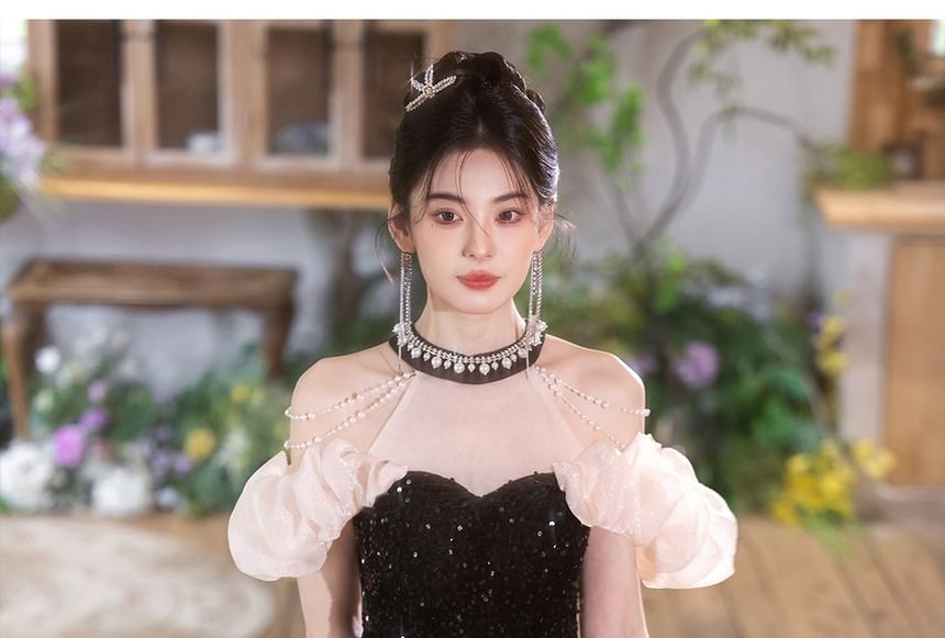 Puff-Sleeve Cold-Shoulder Sequin Bead Mesh Mermaid Evening Gown