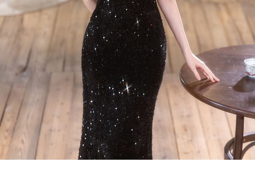 Puff-Sleeve Cold-Shoulder Sequin Bead Mesh Mermaid Evening Gown