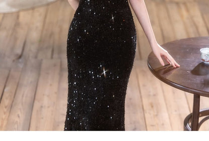 Puff-Sleeve Cold-Shoulder Sequin Bead Mesh Mermaid Evening Gown