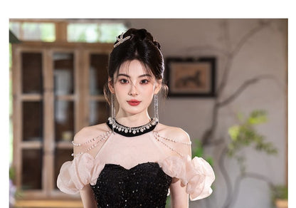 Puff-Sleeve Cold-Shoulder Sequin Bead Mesh Mermaid Evening Gown