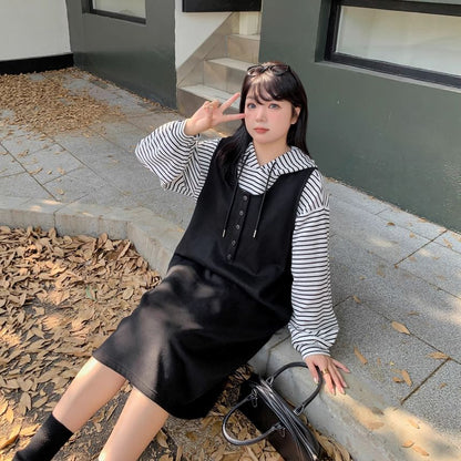 Plus Size Set: Striped Hoodie + Scoop Neck Half-Buttoned Plain Midi Overall Dress