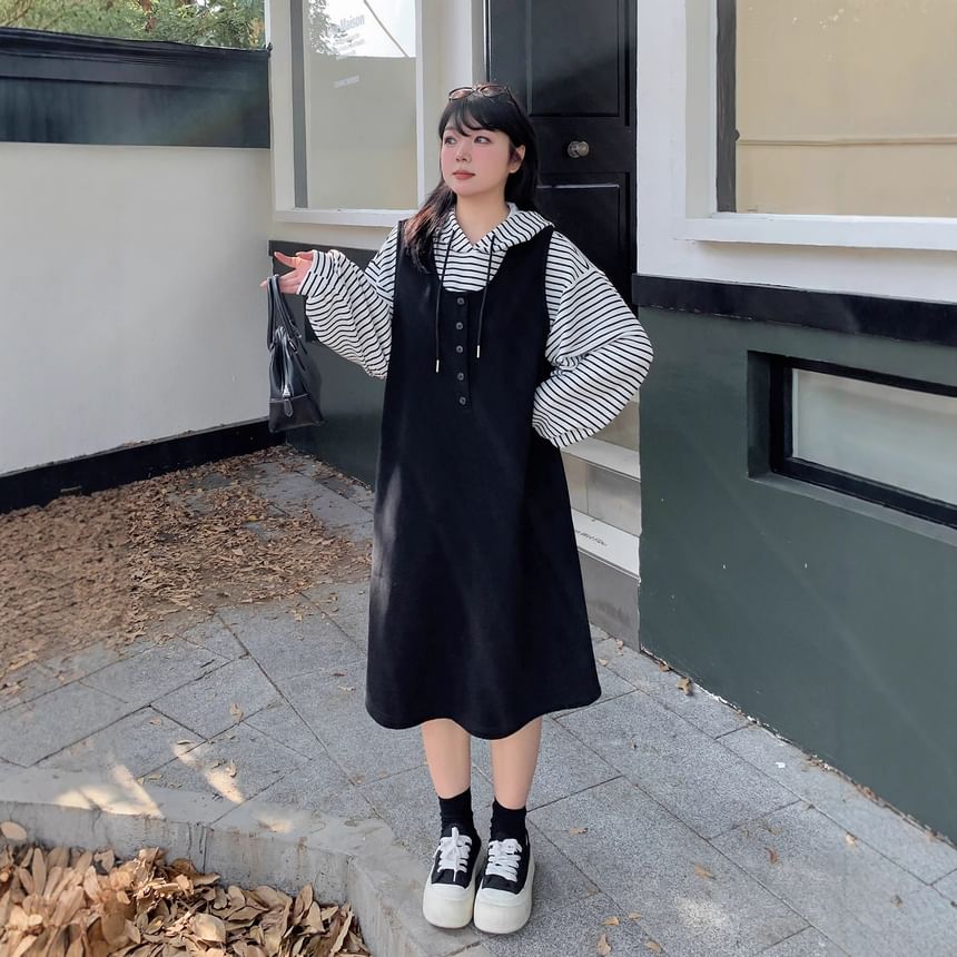 Plus Size Set: Striped Hoodie + Scoop Neck Half-Buttoned Plain Midi Overall Dress