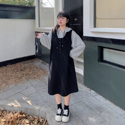 Plus Size Set: Striped Hoodie + Scoop Neck Half-Buttoned Plain Midi Overall Dress