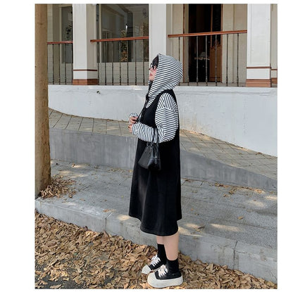 Plus Size Set: Striped Hoodie + Scoop Neck Half-Buttoned Plain Midi Overall Dress