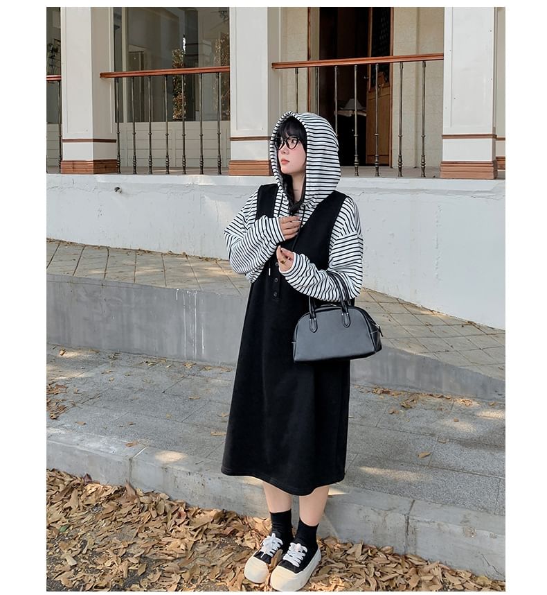 Plus Size Set: Striped Hoodie + Scoop Neck Half-Buttoned Plain Midi Overall Dress