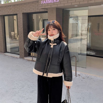 Plus Size Collared Fleece-Lined Zip-Up Faux Leather Aviator Jacket