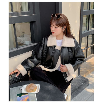 Plus Size Collared Fleece-Lined Zip-Up Faux Leather Aviator Jacket