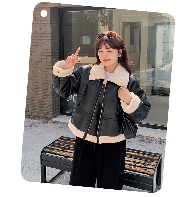 Plus Size Collared Fleece-Lined Zip-Up Faux Leather Aviator Jacket