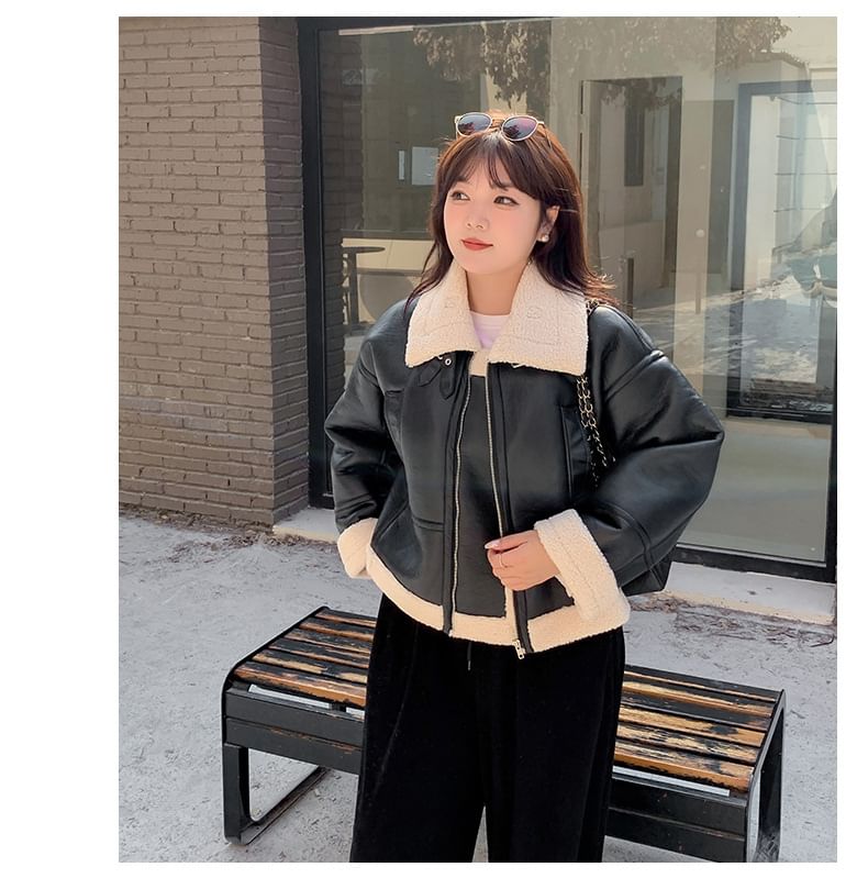 Plus Size Collared Fleece-Lined Zip-Up Faux Leather Aviator Jacket