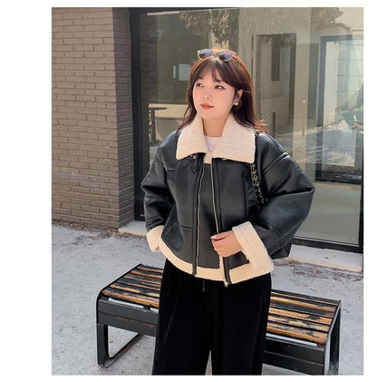 Plus Size Collared Fleece-Lined Zip-Up Faux Leather Aviator Jacket