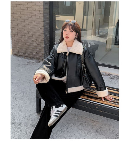 Plus Size Collared Fleece-Lined Zip-Up Faux Leather Aviator Jacket
