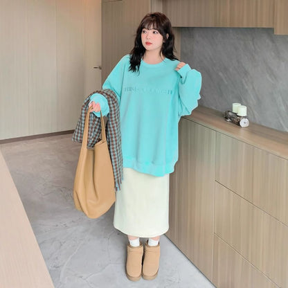 Plus Size High Rise Plain Slit Midi Straight Skirt