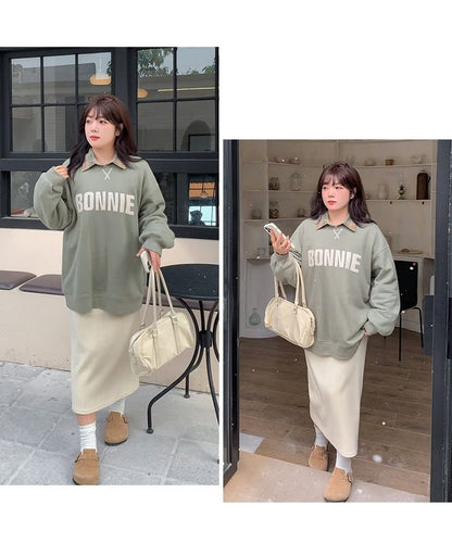 Plus Size High Rise Plain Slit Midi Straight Skirt