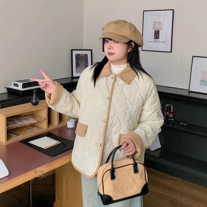 Plus Size Collared Floral Embroidered Quilted Contrast Trim Button-Up Barn Jacket