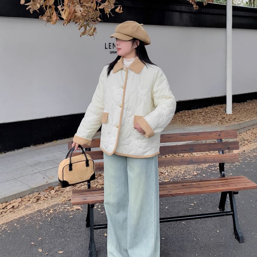 Plus Size Collared Floral Embroidered Quilted Contrast Trim Button-Up Barn Jacket