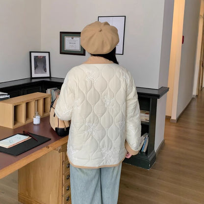 Plus Size Collared Floral Embroidered Quilted Contrast Trim Button-Up Barn Jacket