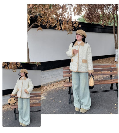 Plus Size Collared Floral Embroidered Quilted Contrast Trim Button-Up Barn Jacket