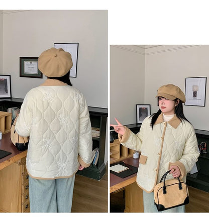 Plus Size Collared Floral Embroidered Quilted Contrast Trim Button-Up Barn Jacket