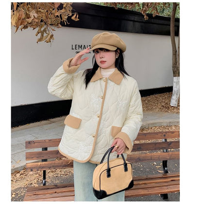 Plus Size Collared Floral Embroidered Quilted Contrast Trim Button-Up Barn Jacket