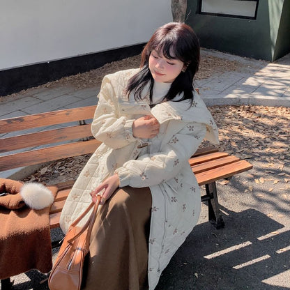 Plus Size Floral Embroidered Quilted Hooded Zip-Up Long Coat