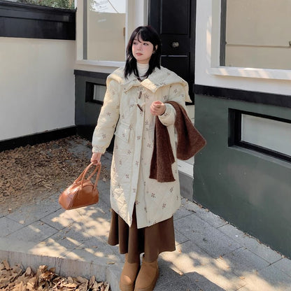 Plus Size Floral Embroidered Quilted Hooded Zip-Up Long Coat