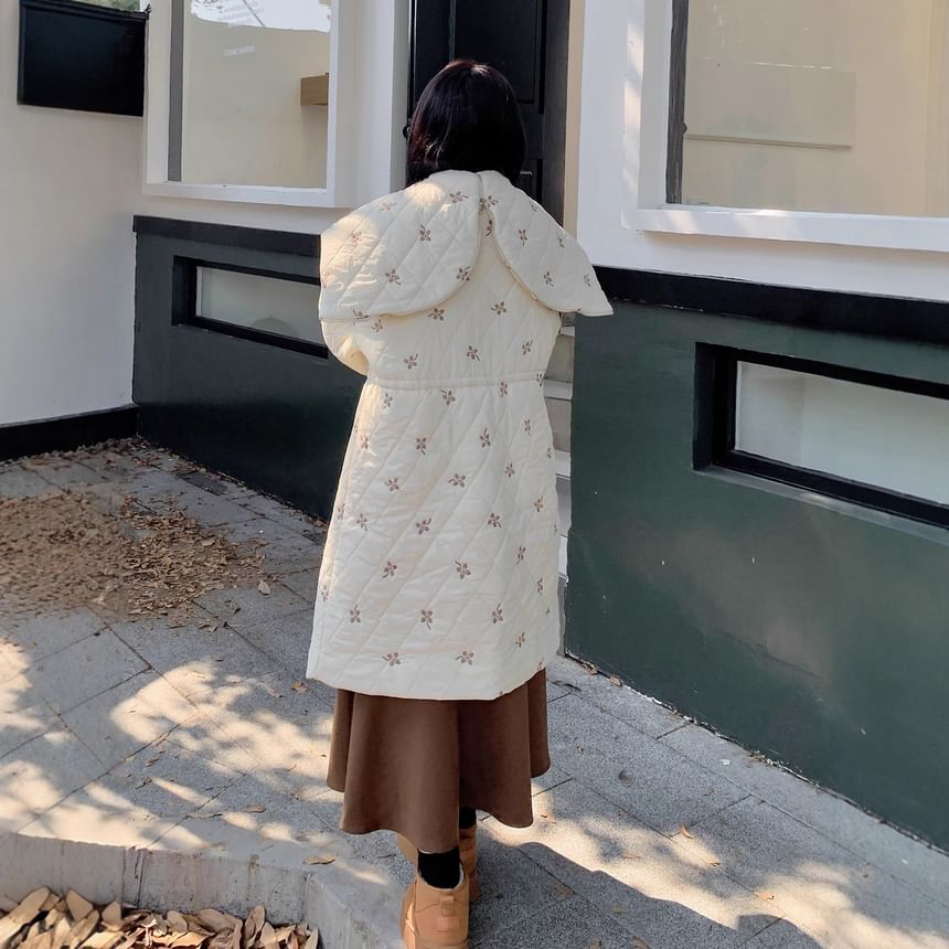 Plus Size Floral Embroidered Quilted Hooded Zip-Up Long Coat