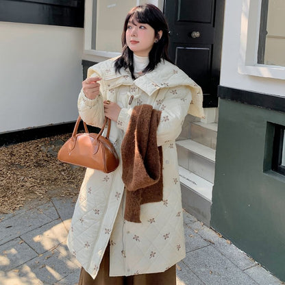 Plus Size Floral Embroidered Quilted Hooded Zip-Up Long Coat