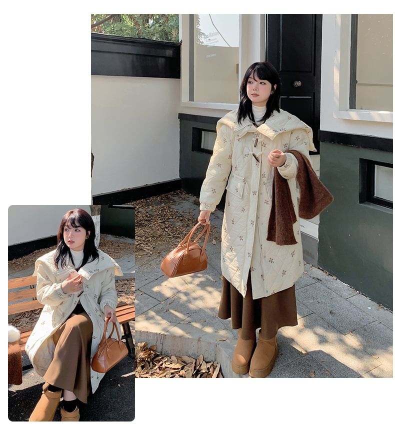 Plus Size Floral Embroidered Quilted Hooded Zip-Up Long Coat