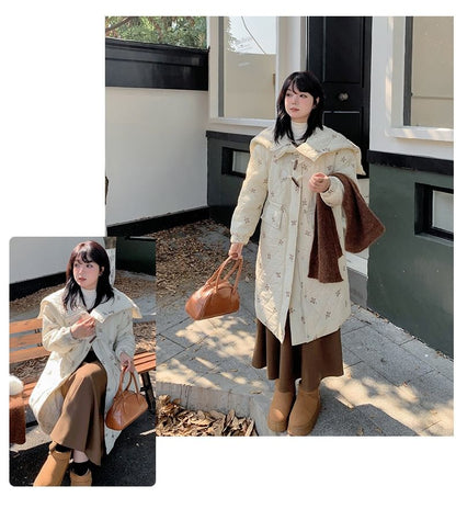 Plus Size Floral Embroidered Quilted Hooded Zip-Up Long Coat