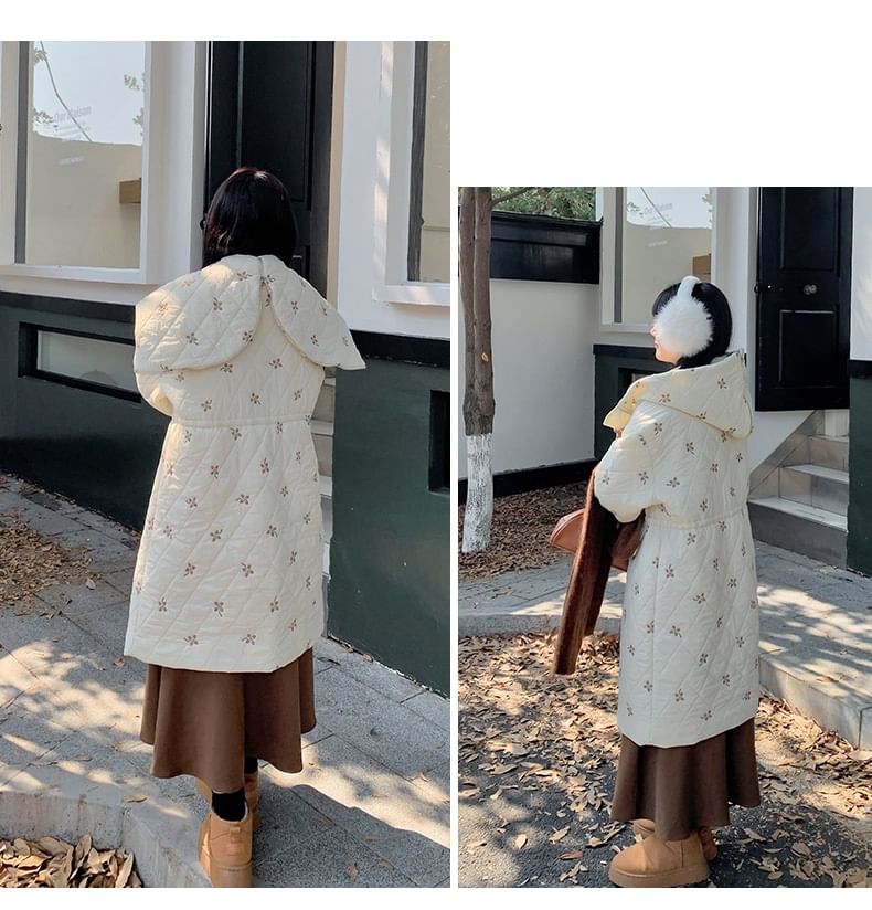Plus Size Floral Embroidered Quilted Hooded Zip-Up Long Coat