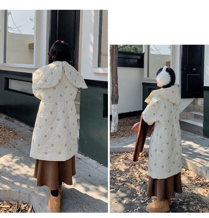 Plus Size Floral Embroidered Quilted Hooded Zip-Up Long Coat