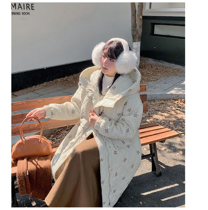 Plus Size Floral Embroidered Quilted Hooded Zip-Up Long Coat