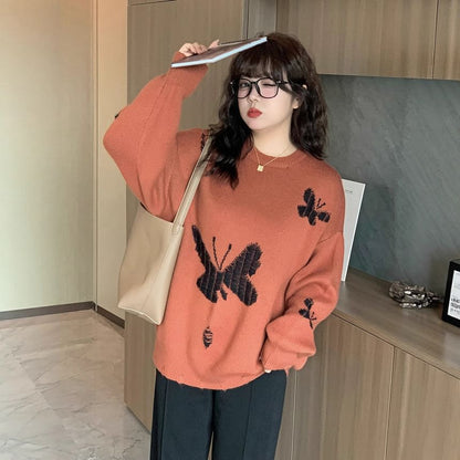 Plus Size Crew Neck Butterfly Jacquard Distressed Sweater