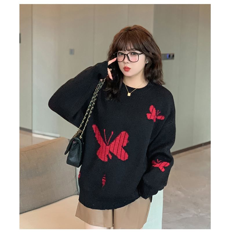 Plus Size Crew Neck Butterfly Jacquard Distressed Sweater