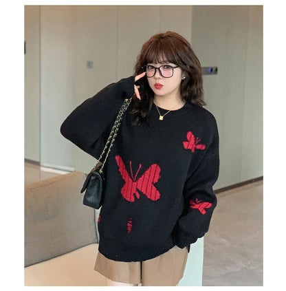 Plus Size Crew Neck Butterfly Jacquard Distressed Sweater