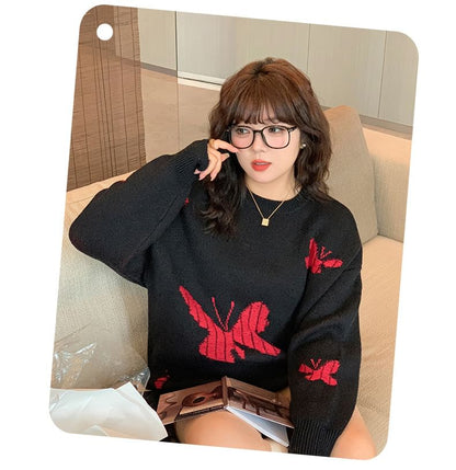 Plus Size Crew Neck Butterfly Jacquard Distressed Sweater